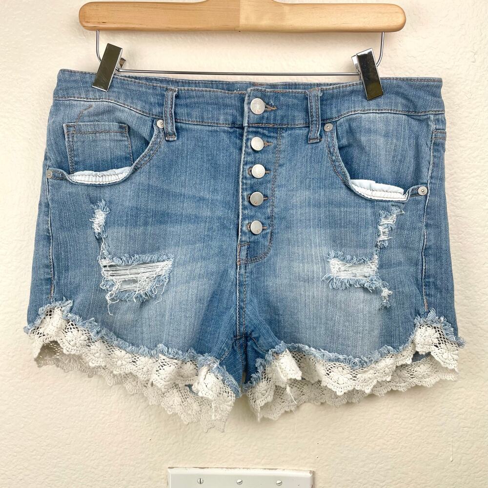 Y2K 90s Womens Shorts Sz L Lace Denim Coquette Festival Cowgirl Western Cottage